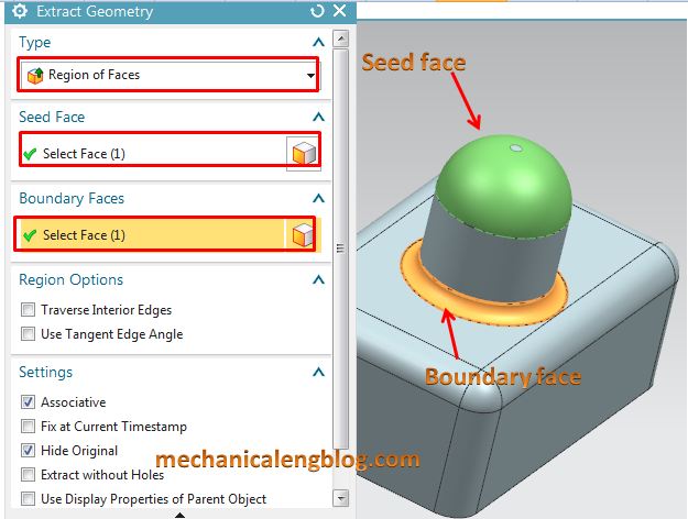 siemens nx modeling extract geometry select seed face and boundary face