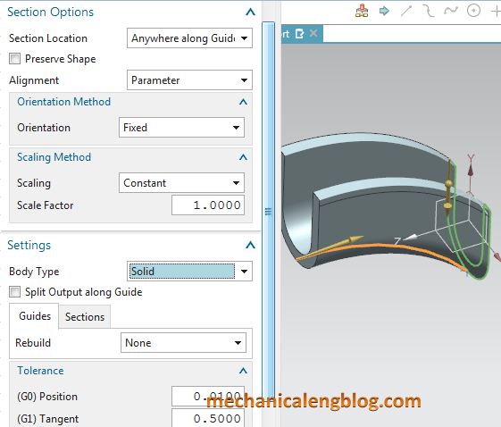 siemens nx modeling swept select options