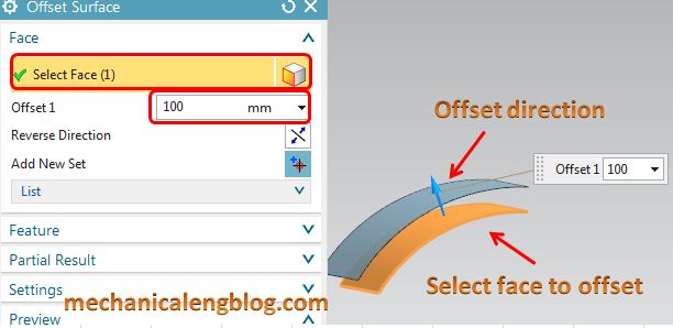 siemens nx surface offset surface command select face and direction