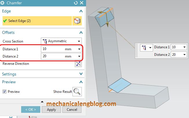 siemens nx tutorial chamfer set value of distance