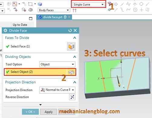 siemens nx tutorial divide face command select curves