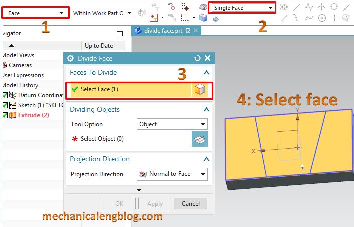 siemens nx tutorial divide face command select face