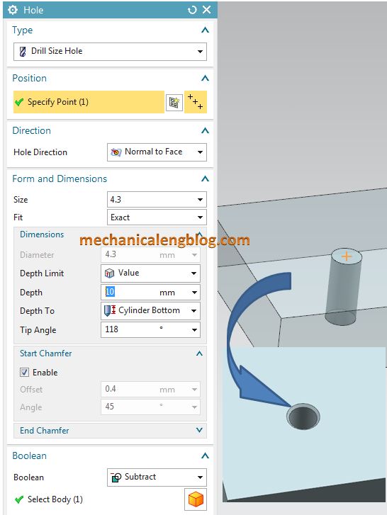 Create a drill hole in nx