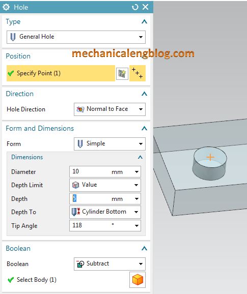 Create a general hole in nx