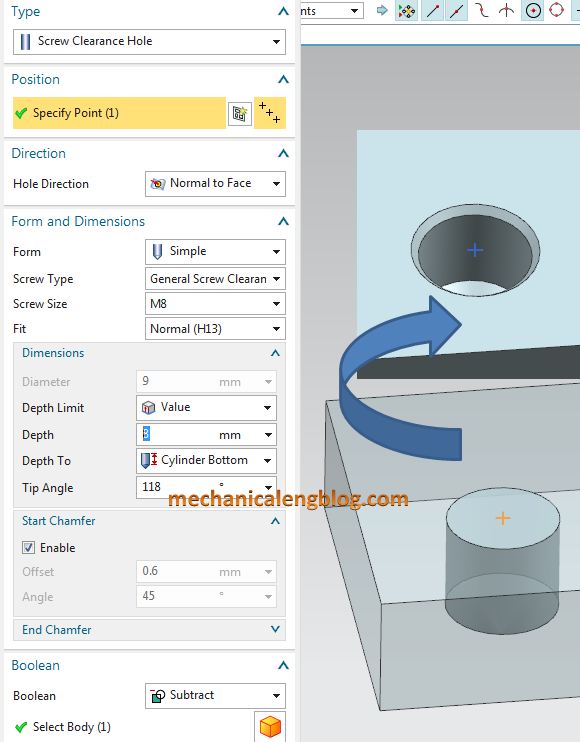 Create a screw hole in nx