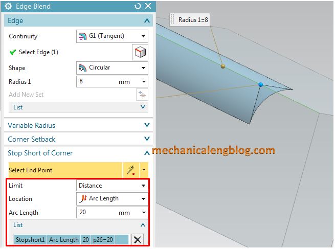 Create an edge blend with stop short of corner arc length