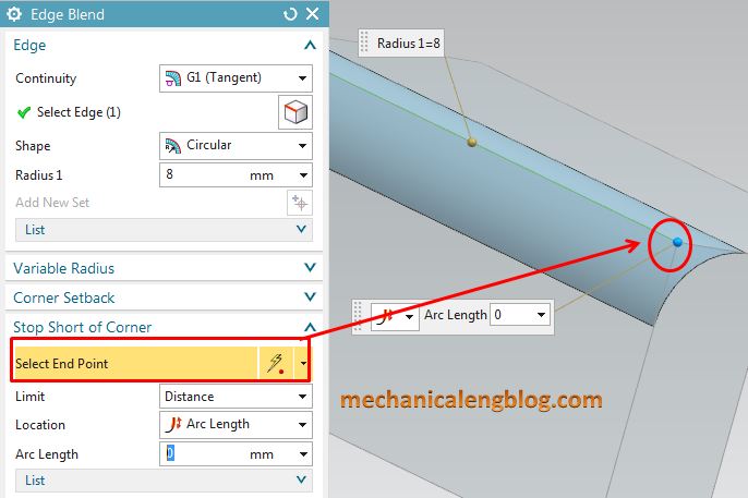 Create an edge blend with stop short of corner end point