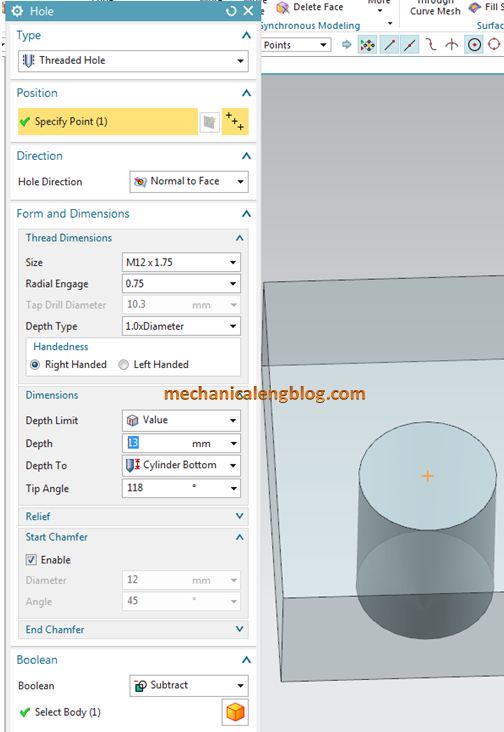 create a threaded hole in nx