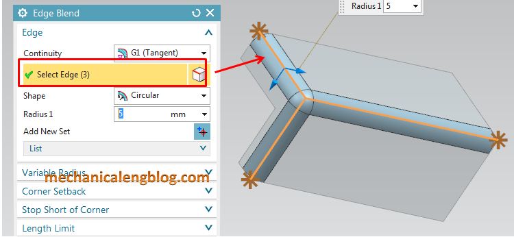 siemens nx modeling create a circular edge blend with constraint radius