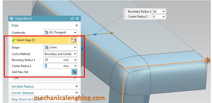 siemens nx modeling create a conic edge blend