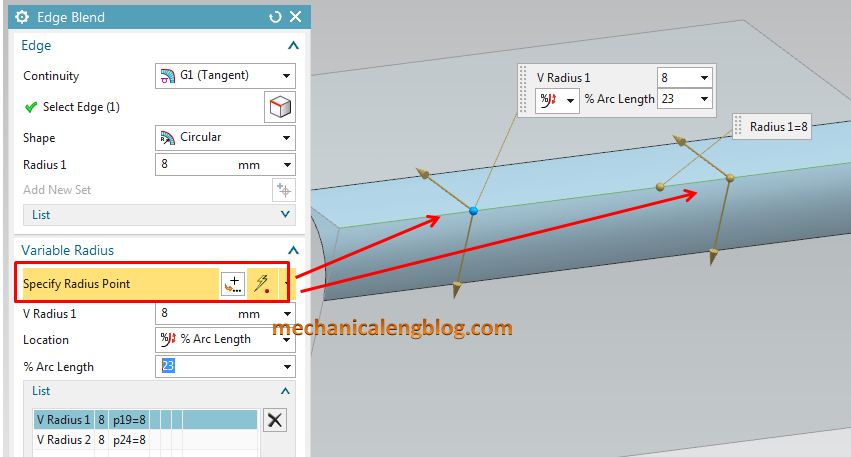 siemens nx modeling create an edge blend with variable radius  specify points