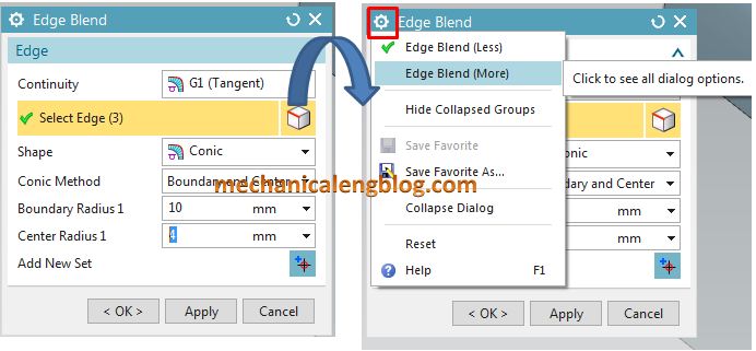 siemens nx modeling edge blend see all dialog options