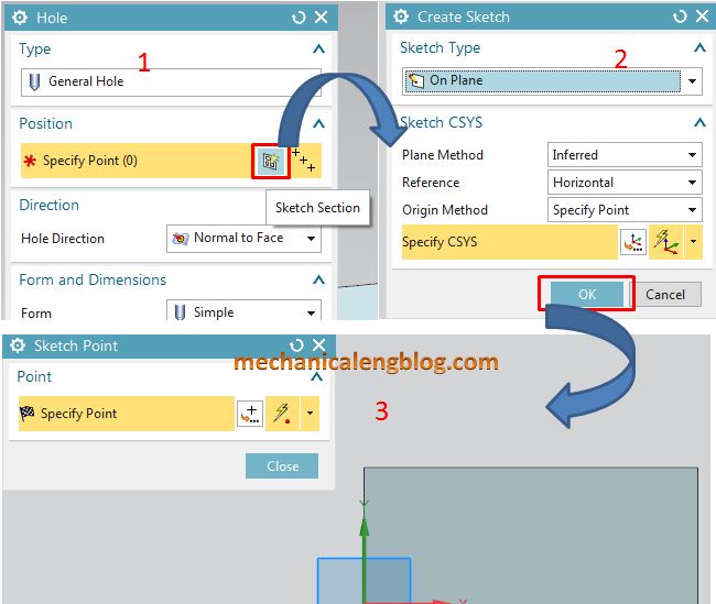 siemens nx modeling hole command make position point by sketch section