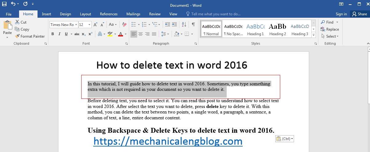 how to delete text in word 2016