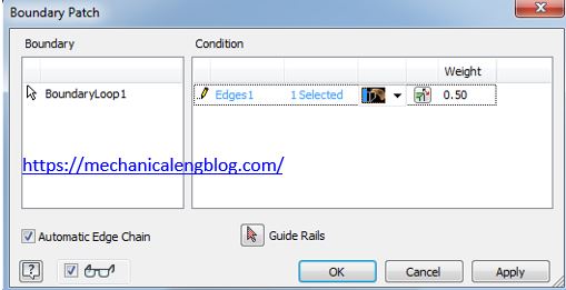 Autodesk inventor boundary patch command dialog