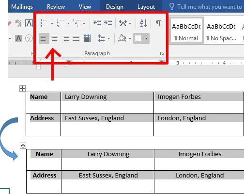 Center text in cell word table by edit paragraph