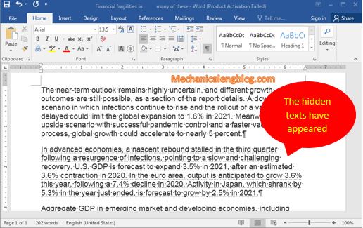 Review hidden paragraph in Word