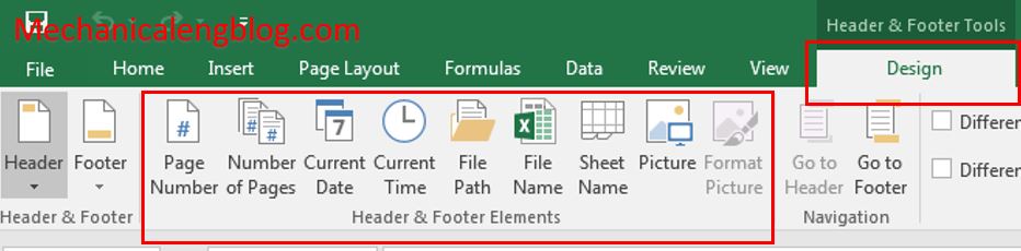 excel header and footer elements group