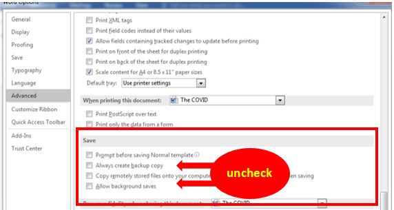 uncheck to remove Automatic backup in Word