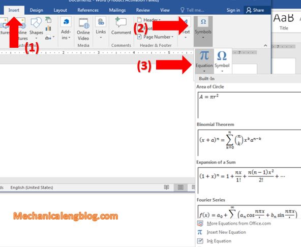 how to insert equation in word