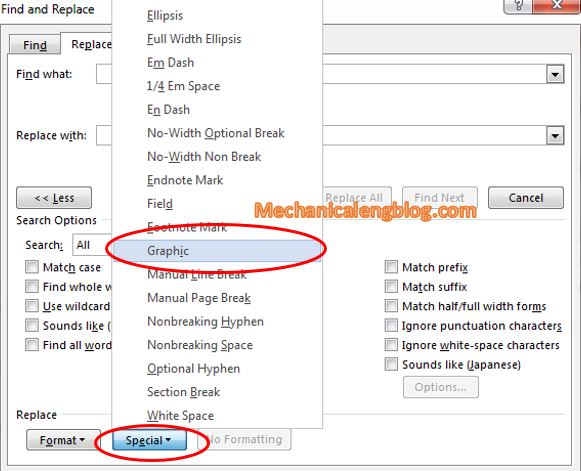 Delete all photos in word document by using Replace tool 4