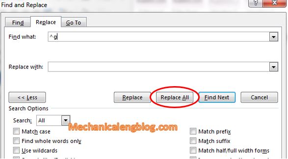 Delete all photos in word document by using Replace tool 5