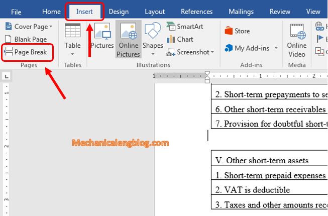 word table page break in word document