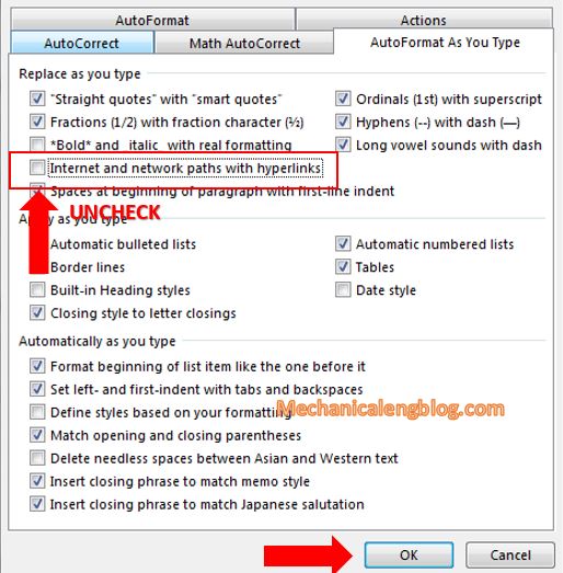 Turn off automatic hyperlinks in Word 2