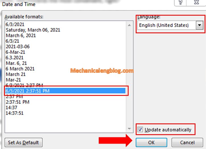 insert current date and time in word document in English format 2