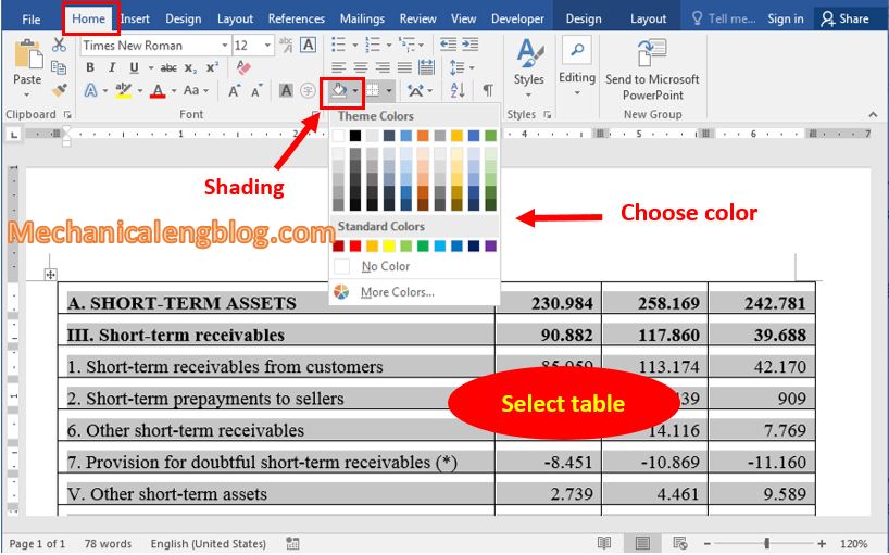 Coloring background of the table in word 1