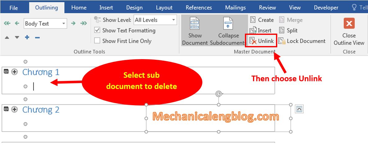 Delete links between Master Document files and Sub Document files