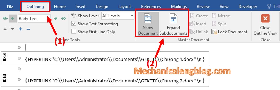 Insert existing document into Master Document file 1