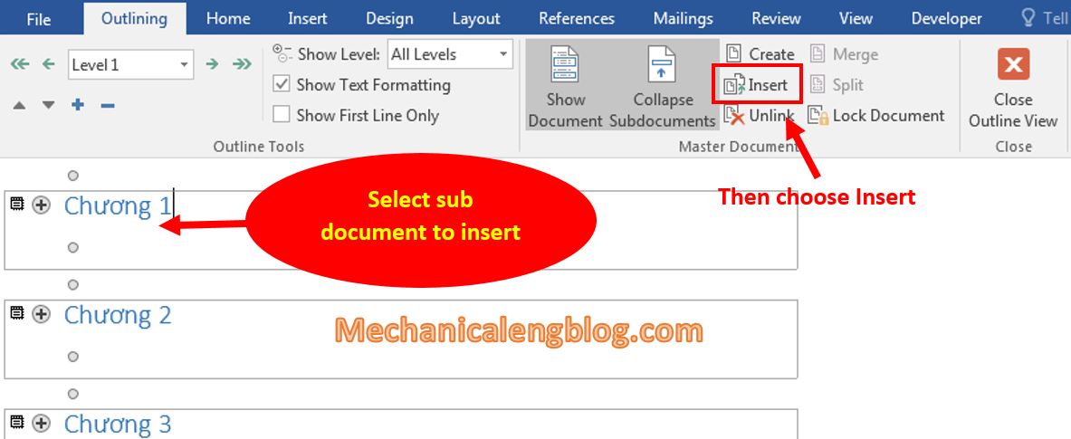 Insert existing document into Master Document file 2