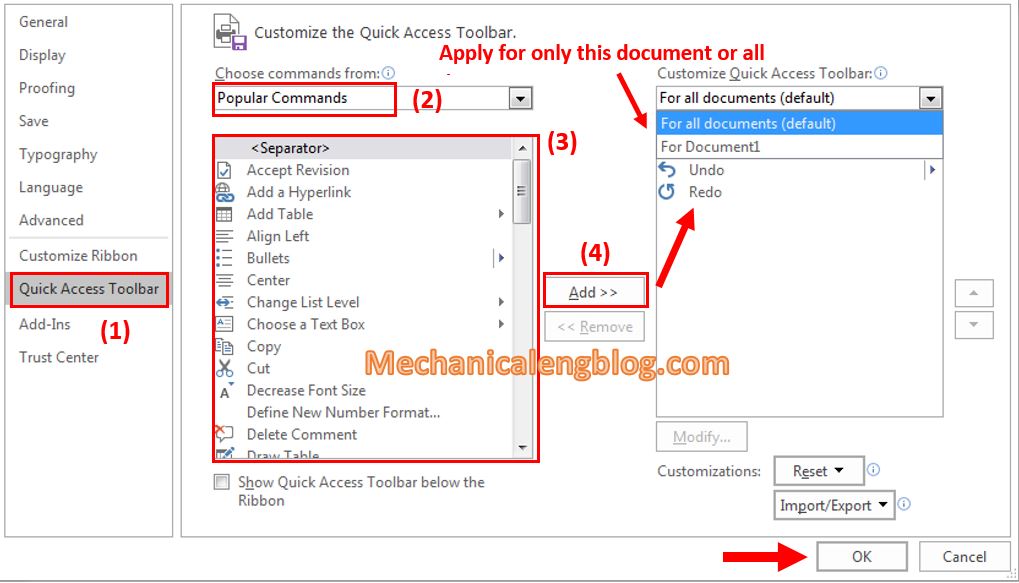 Add in features to the Quick Access Toolbar in ms word 2