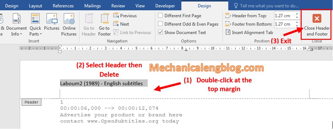 how to delete a header on your chapter pages in word