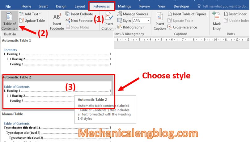 Insert Table of Contents in word 2