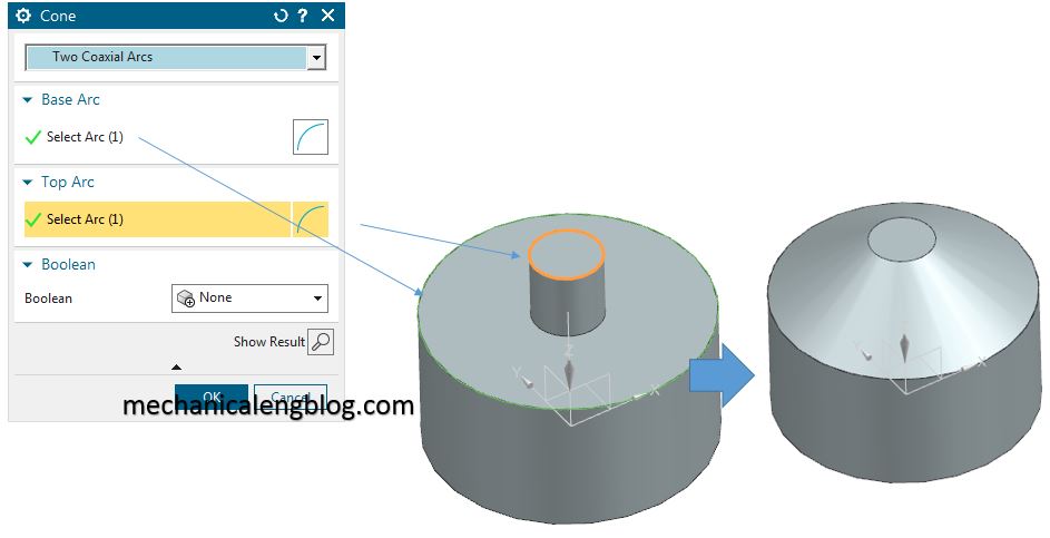 Create a cone by two coaxial arcs