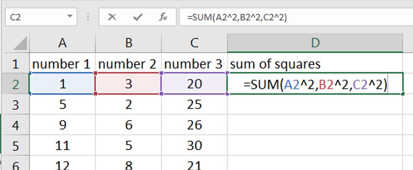 How to calculate sum of squares in Excel 8