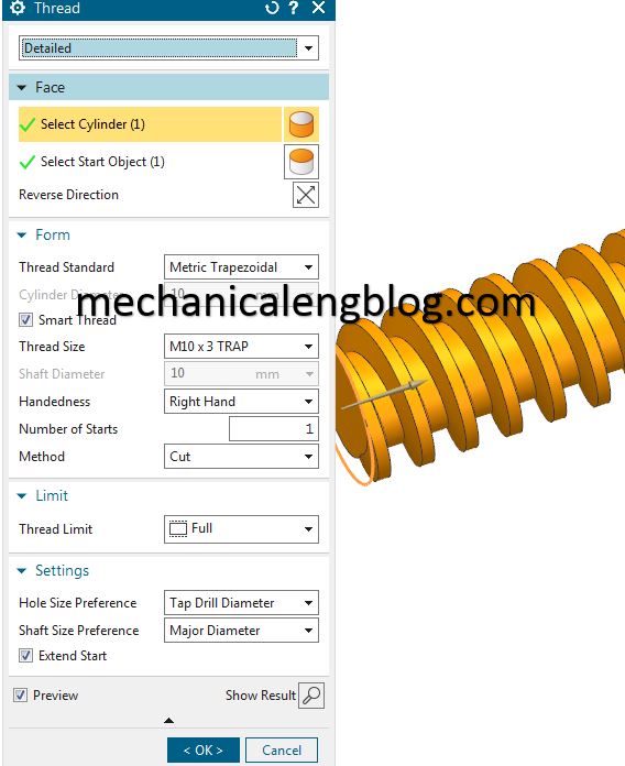 Create a sdetailed thread in nx